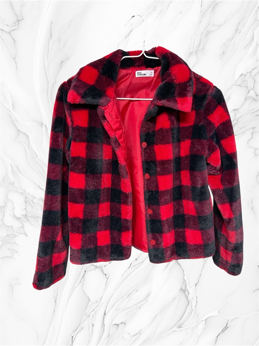 Epic threads Red & Black Buffalo Plaid Fuzzy Button Jacket girls sz M